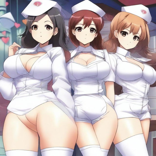 A detailed anime-style illustration of women with exaggerated features, specifically emphasizing large buttocks, dressed in sexy nurse uniforms