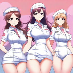 A detailed anime-style illustration of women with exaggerated features, specifically emphasizing large buttocks, dressed in sexy nurse uniforms