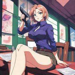 A detailed anime-style illustration of a woman sitting on a table with her legs open, holding a gun in one hand