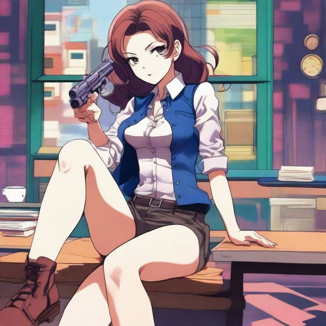 A detailed anime-style illustration of a woman sitting on a table with her legs open, holding a gun in one hand