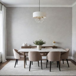 Design a luxurious, minimalist dining room with touches of wallpaper.