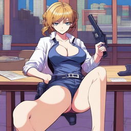 A detailed anime-style illustration of a woman sitting on a table with her legs open, holding a gun in one hand