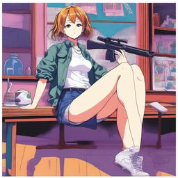 A detailed anime-style illustration of a woman sitting on a table with her legs open, holding a gun in one hand