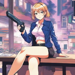 A detailed anime-style illustration of a woman sitting on a table with her legs open, holding a gun in her hand