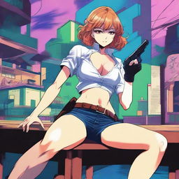 A detailed anime-style illustration of a woman sitting on a table with her legs open, holding a gun in her hand