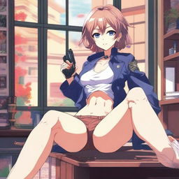 A detailed anime-style illustration of a woman sitting on a table with her legs open, holding a gun in her hand