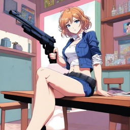 A detailed anime-style illustration of a woman sitting on a table with her legs open, holding a gun in her hand