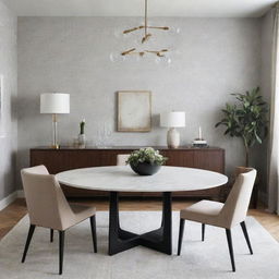 Design a luxurious, minimalist dining room with touches of wallpaper.