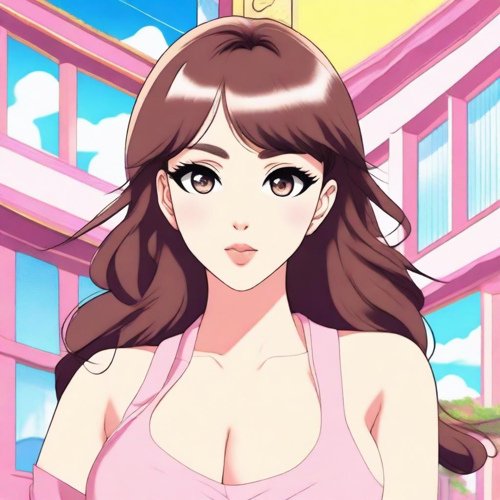 A detailed anime-style illustration of a woman who looks cute and adorable but has a body similar to Kim Kardashian