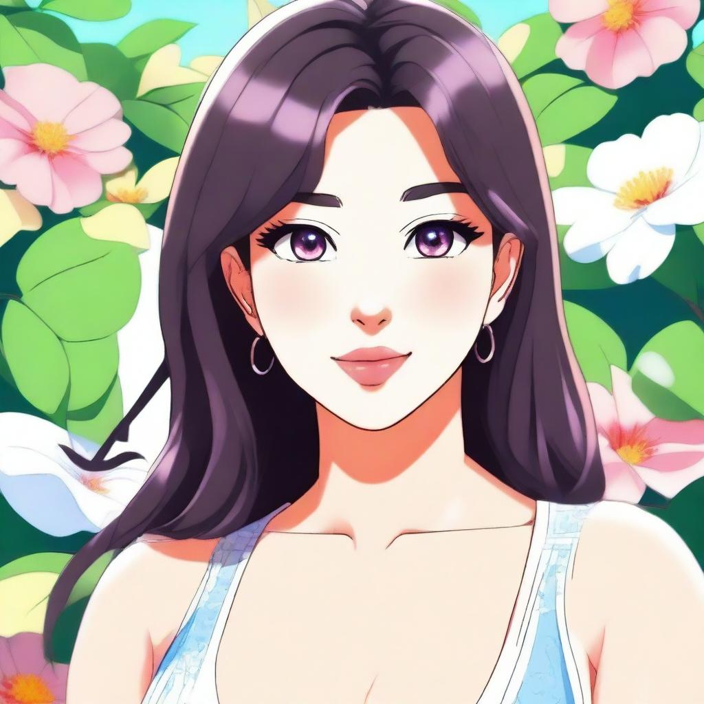 A detailed anime-style illustration of a woman who looks cute and adorable but has a body similar to Kim Kardashian