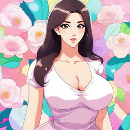 A detailed anime-style illustration of a woman who looks cute and adorable but has a body similar to Kim Kardashian