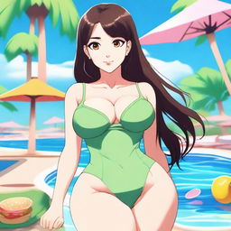 A detailed anime-style illustration of a woman who looks cute and adorable but has a body similar to Kim Kardashian, wearing a swimsuit