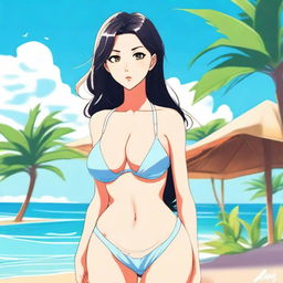 A detailed anime-style illustration of a woman who looks cute and adorable but has a body similar to Kim Kardashian, wearing a swimsuit