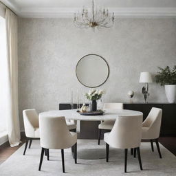 Design a luxurious, minimalist dining room with touches of wallpaper.