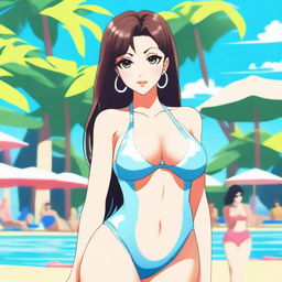 A detailed anime-style illustration of a woman who looks cute and adorable but has a body similar to Kim Kardashian, wearing a swimsuit