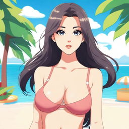 A detailed anime-style illustration of a woman who looks cute and adorable but has a body similar to Kim Kardashian, wearing a swimsuit