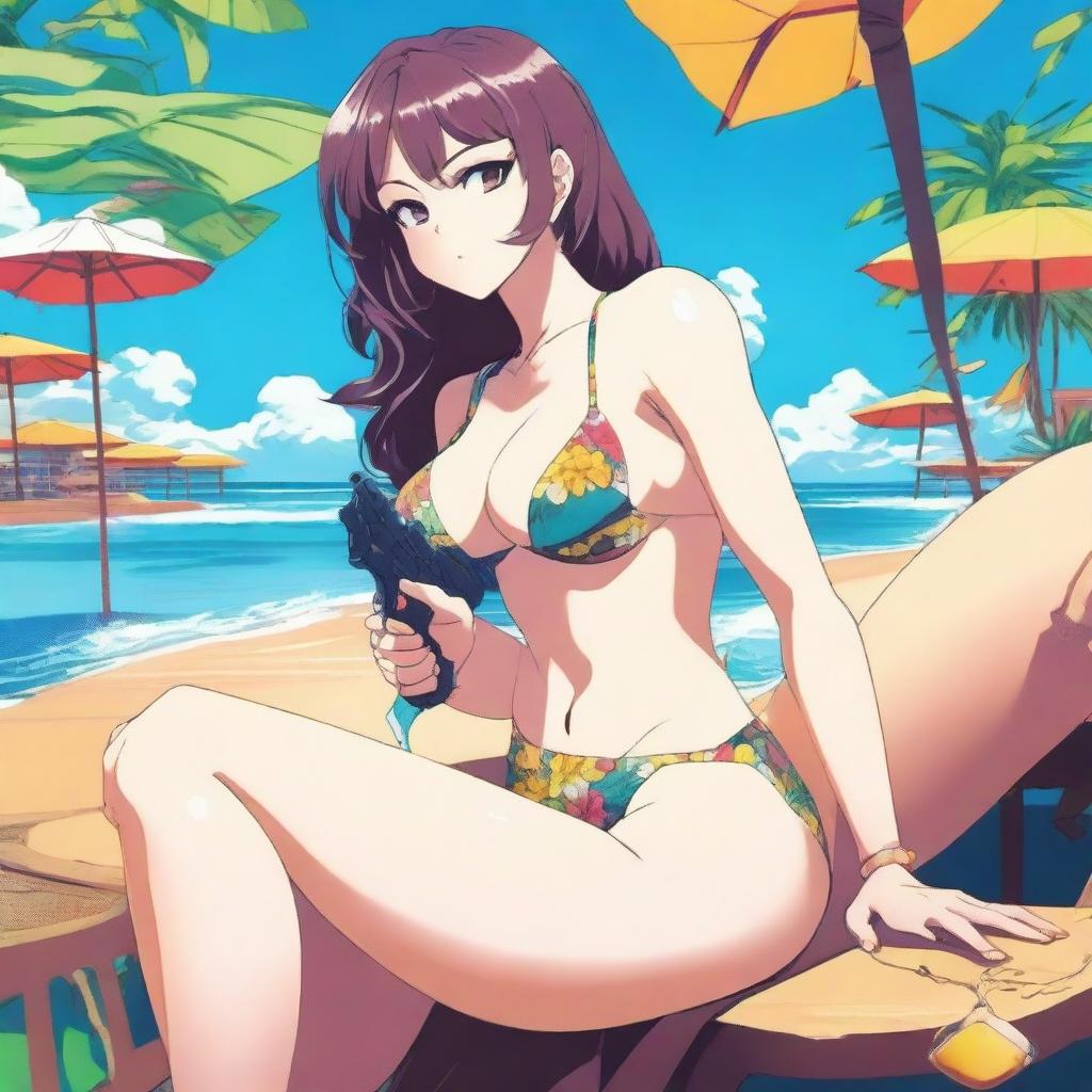 A detailed anime-style illustration of a sexy woman sitting on a table with her legs open, wearing a swimsuit and holding a gun in her hand