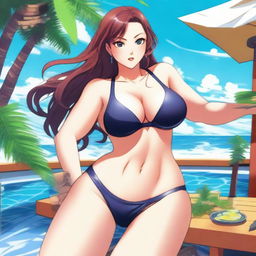 A detailed anime-style illustration of a sexy woman sitting on a table with her legs open, wearing a swimsuit and holding a gun in her hand