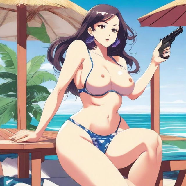 A detailed anime-style illustration of a sexy woman sitting on a table with her legs open, wearing a swimsuit and holding a gun in her hand