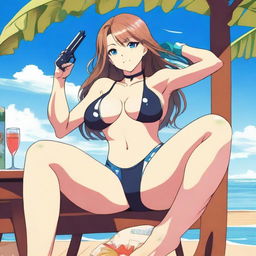 A detailed anime-style illustration of a sexy woman sitting on a table with her legs open, wearing a swimsuit and holding a gun in her hand