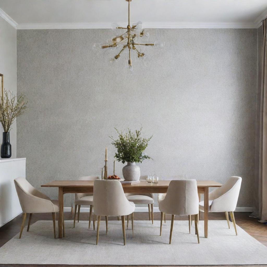 Design a luxurious, minimalist dining room with touches of wallpaper.