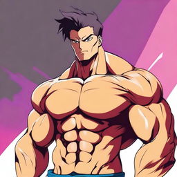 A detailed anime-style illustration of a muscular man with a chiseled chest and defined abs