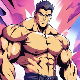 A detailed anime-style illustration of a muscular man with a chiseled chest and defined abs