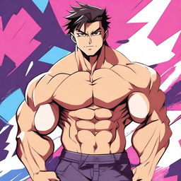 A detailed anime-style illustration of a muscular man with a chiseled chest and defined abs