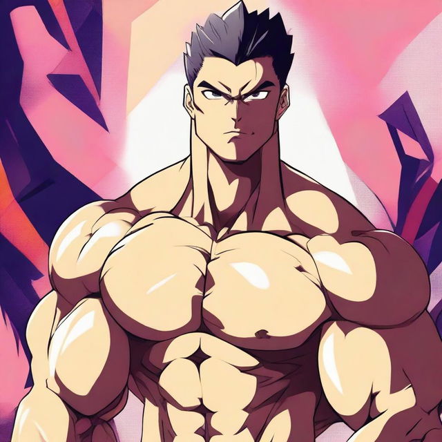 A detailed anime-style illustration of a muscular man with a chiseled chest and defined abs