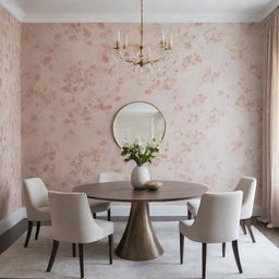 Envision a luxurious, minimalist dining room with touches of floral wallpaper.