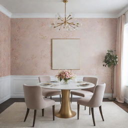 Envision a luxurious, minimalist dining room with touches of floral wallpaper.