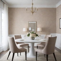 Envision a luxurious, minimalist dining room with touches of floral wallpaper.