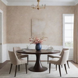 Envision a luxurious, minimalist dining room with touches of floral wallpaper.