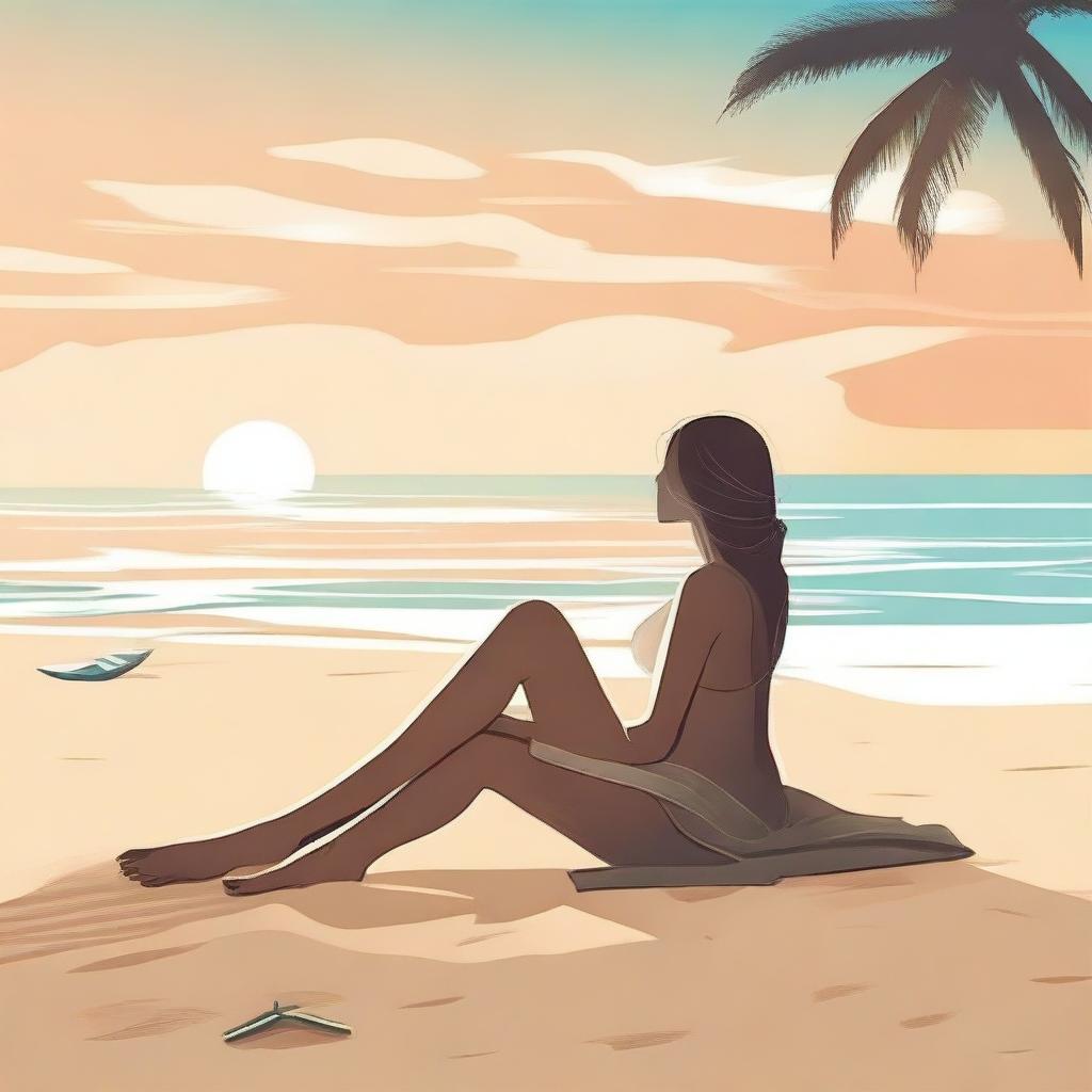 Create an illustration of a woman lying on the sand at a beach