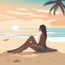 Create an illustration of a woman lying on the sand at a beach