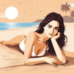 Create an illustration of a woman lying on the sand at a beach