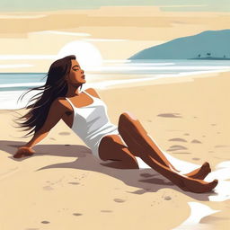 Create an illustration of a woman lying on the sand at a beach