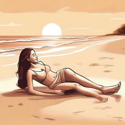 Create an illustration of a woman lying on the sand at a beach