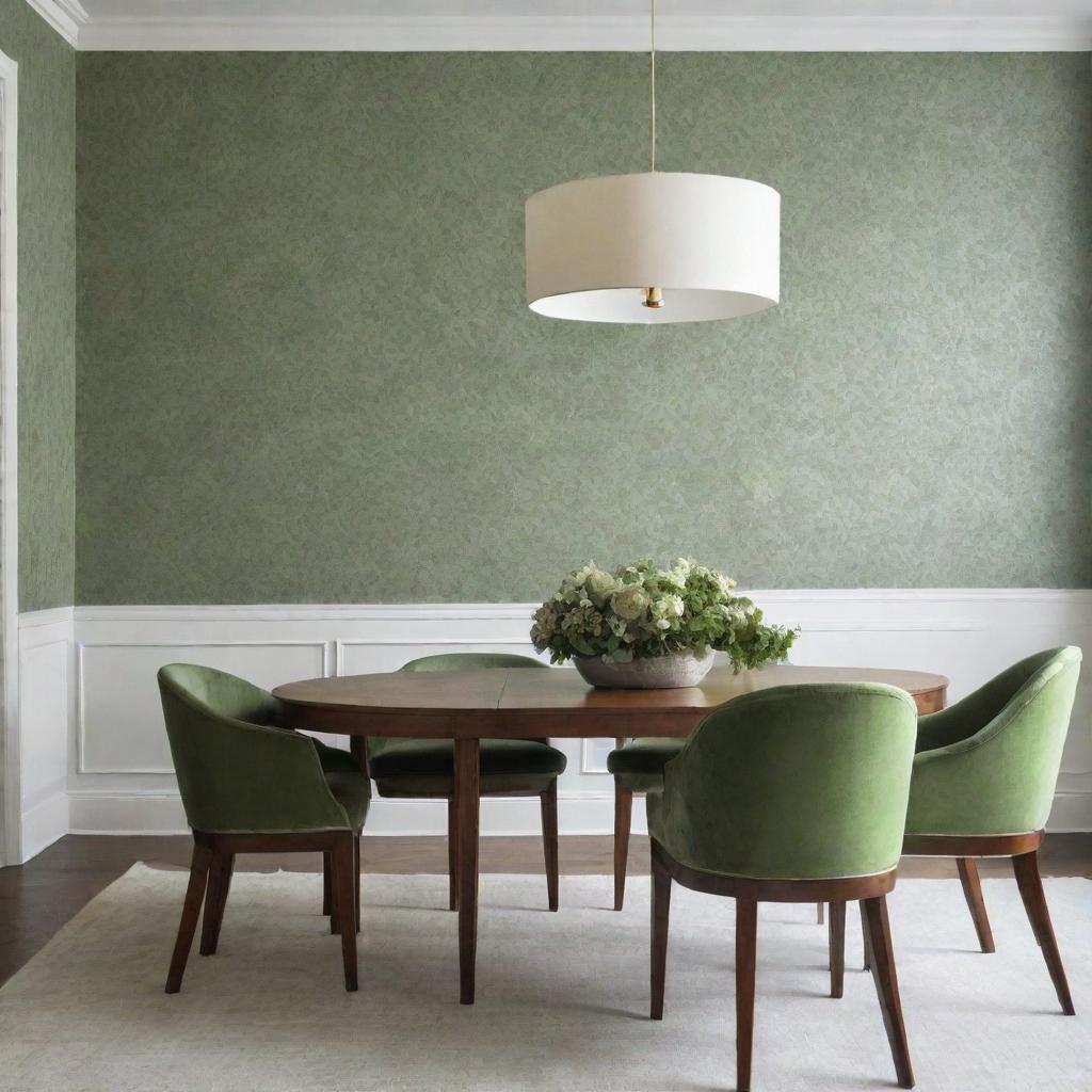 Illustrate a luxurious, minimalist dining room featuring touches of green floral wallpaper.