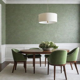 Illustrate a luxurious, minimalist dining room featuring touches of green floral wallpaper.