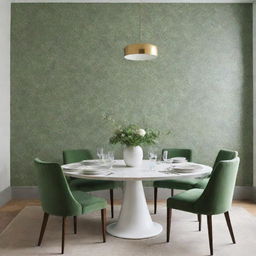 Illustrate a luxurious, minimalist dining room featuring touches of green floral wallpaper.