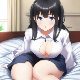 A submissive girl with black hair and blue eyes, wearing short and revealing student clothes