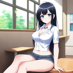 A submissive girl with black hair and blue eyes, wearing short and revealing student clothes