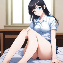 A submissive girl with black hair and blue eyes, wearing short and revealing student clothes