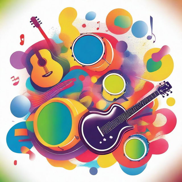 A vibrant and dynamic scene showcasing various musical instruments like guitars, pianos, and drums, with musical notes floating around