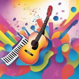 A vibrant and dynamic scene showcasing various musical instruments like guitars, pianos, and drums, with musical notes floating around