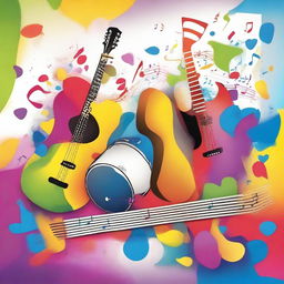 A vibrant and dynamic scene showcasing various musical instruments like guitars, pianos, and drums, with musical notes floating around