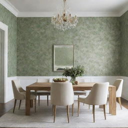 Illustrate a luxurious, minimalist dining room featuring touches of green floral wallpaper.