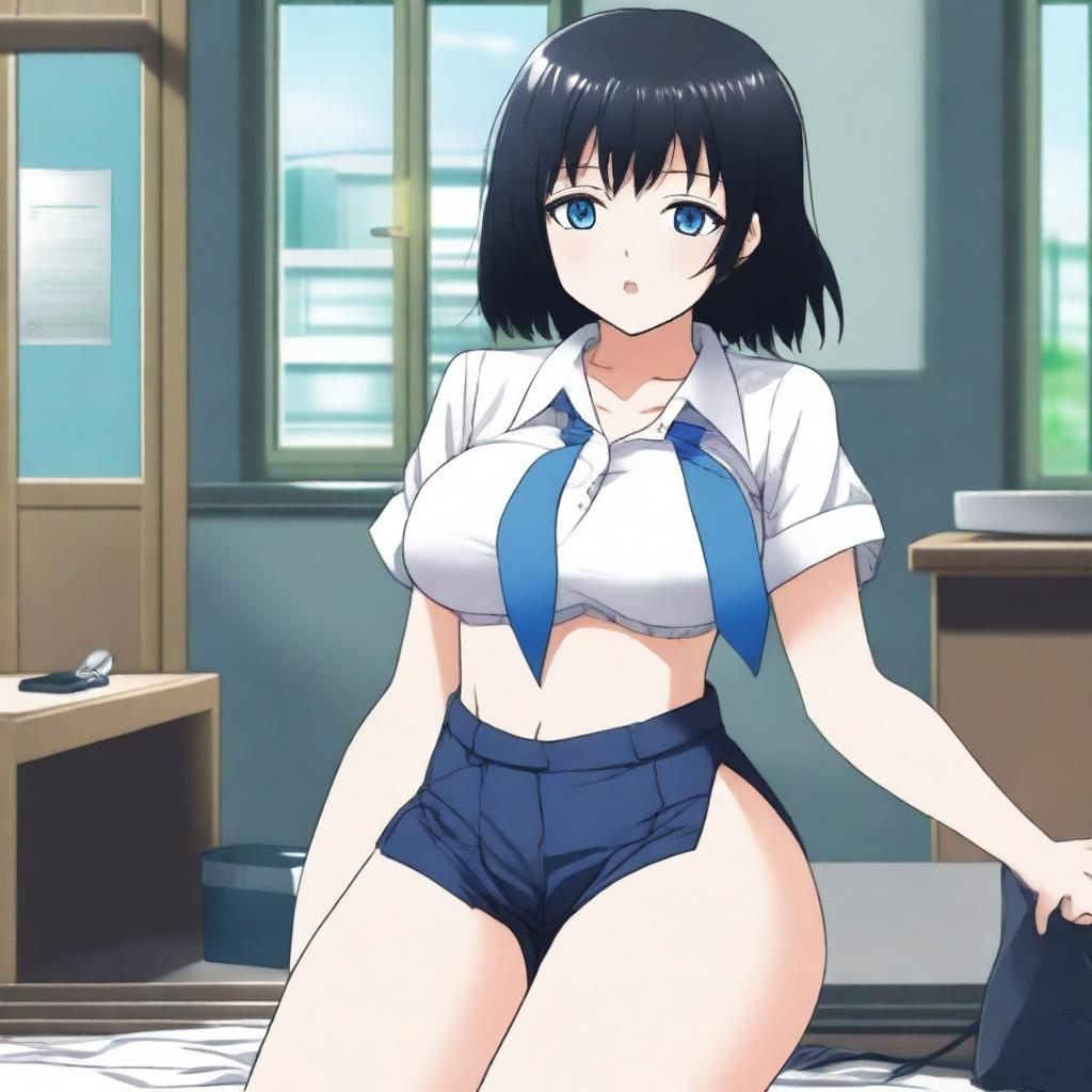 An anime-style image of a submissive girl with black hair and blue eyes, wearing short and revealing student clothes