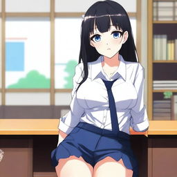 An anime-style image of a submissive girl with black hair and blue eyes, wearing short and revealing student clothes